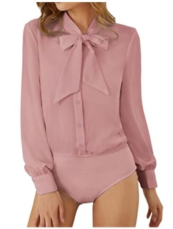 Women Bow Tie Neck Office Blouse Button Down Long Sleeve Bodysuit Blouse Top