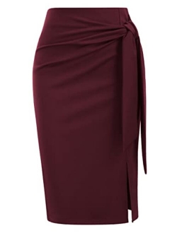 Women's Skirt Elastic High Waist Bow Tie Knee Length Stretch Bodycon Pencil Skirts with Slit