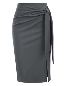 Women's Skirt Elastic High Waist Bow Tie Knee Length Stretch Bodycon Pencil Skirts with Slit