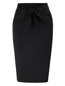 Women's Skirt Elastic High Waist Bow Tie Knee Length Stretch Bodycon Pencil Skirts with Slit