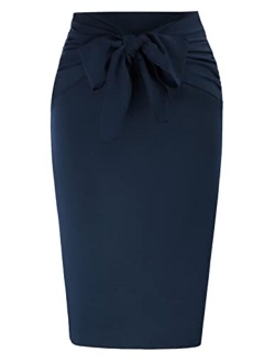 Women's Skirt Elastic High Waist Bow Tie Knee Length Stretch Bodycon Pencil Skirts with Slit