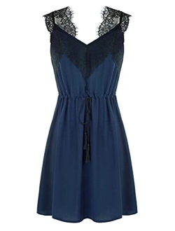 Womens Summer Wide Lace Trim Shoulder Strap Dress V Neck Sleeveless Waist Drawstring A-Line Casual Mini Dress