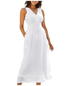 Women Summer Wrap V Neck Sleeveless Maxi Dress Pocket Loose Long Dress Maxi Casual Dresses