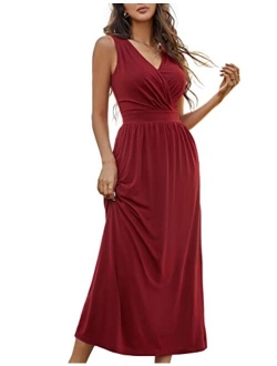 Women Summer Wrap V Neck Sleeveless Maxi Dress Pocket Loose Long Dress Maxi Casual Dresses