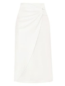 Women's Knot Side Ruched Elegant Midi Skirt High Waist Business Casual Skirts