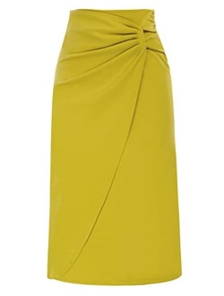 Women's Knot Side Ruched Elegant Midi Skirt High Waist Business Casual Skirts