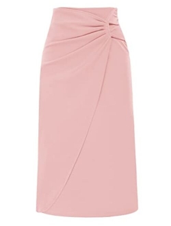 Women's Knot Side Ruched Elegant Midi Skirt High Waist Business Casual Skirts