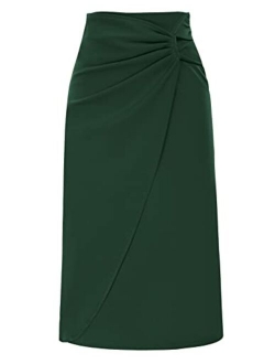 Women's Knot Side Ruched Elegant Midi Skirt High Waist Business Casual Skirts