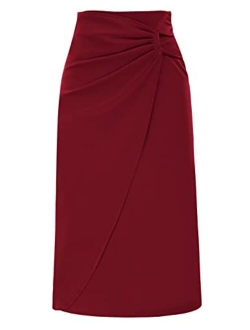 Women's Knot Side Ruched Elegant Midi Skirt High Waist Business Casual Skirts