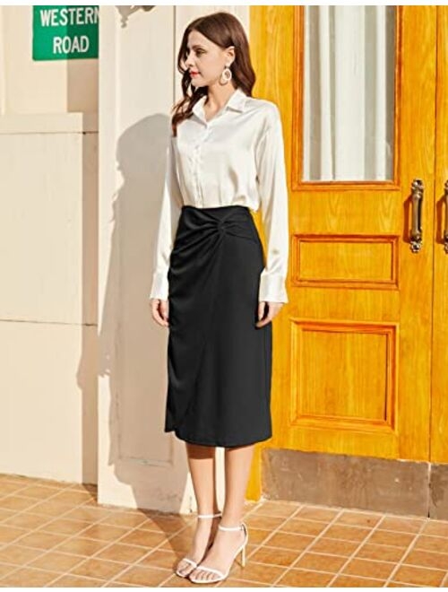 Kate Kasin Women's Knot Side Ruched Elegant Midi Skirt High Waist Business Casual Skirts