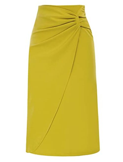 Kate Kasin Women's Knot Side Ruched Elegant Midi Skirt High Waist Business Casual Skirts