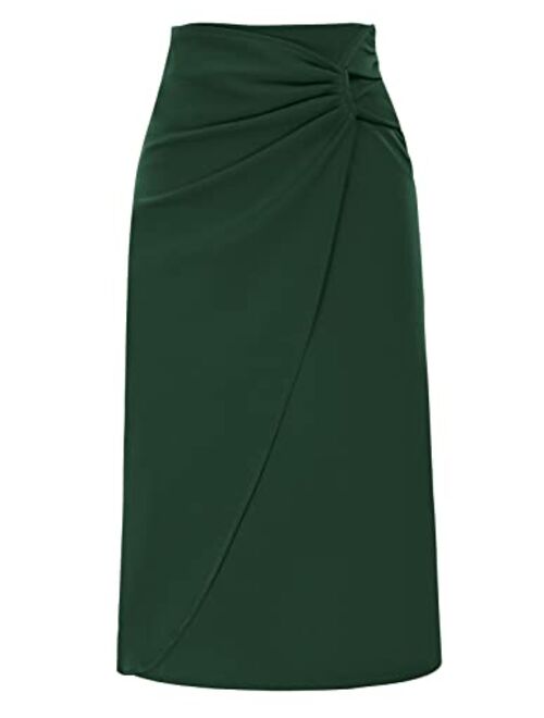 Kate Kasin Women's Knot Side Ruched Elegant Midi Skirt High Waist Business Casual Skirts