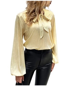 Women Lantern Sleeve Shimmer Metallic Blouse Bow Tie Shiny Party Club Blouse Top