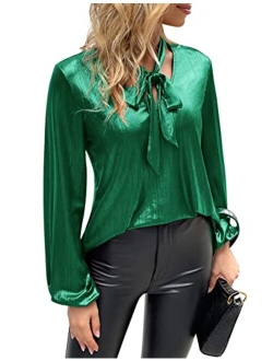 Women Lantern Sleeve Shimmer Metallic Blouse Bow Tie Shiny Party Club Blouse Top