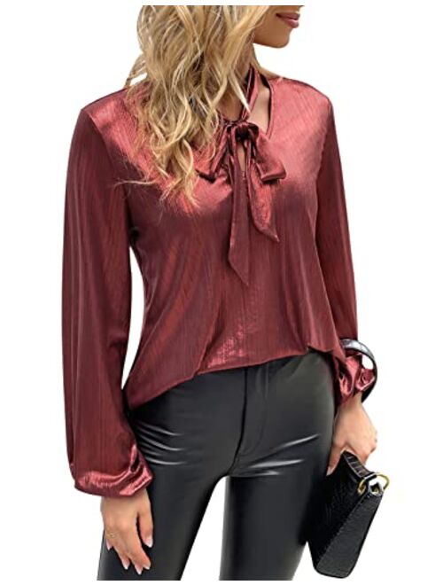 Kate Kasin Women Lantern Sleeve Shimmer Metallic Blouse Bow Tie Shiny Party Club Blouse Top