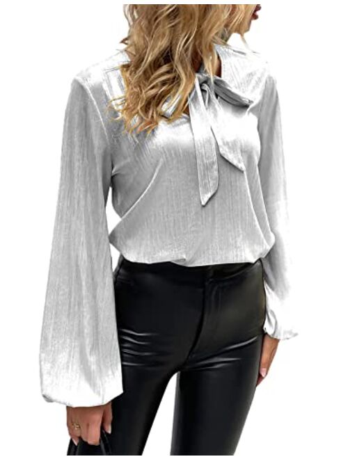 Kate Kasin Women Lantern Sleeve Shimmer Metallic Blouse Bow Tie Shiny Party Club Blouse Top