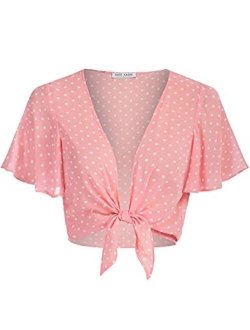 Women Short Sleeve Sheer Chiffon Shrug Tie Front Bolero Cardigan