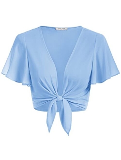 Women Short Sleeve Sheer Chiffon Shrug Tie Front Bolero Cardigan