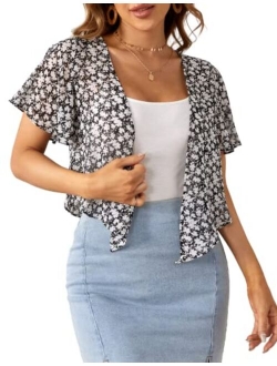 Women Short Sleeve Sheer Chiffon Shrug Tie Front Bolero Cardigan