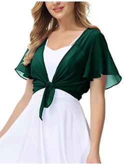 Women Short Sleeve Sheer Chiffon Shrug Tie Front Bolero Cardigan