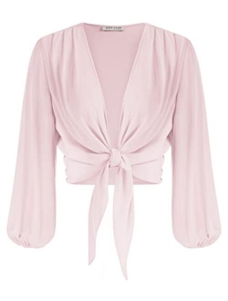 Women Short Sleeve Sheer Chiffon Shrug Tie Front Bolero Cardigan