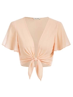 Women Short Sleeve Sheer Chiffon Shrug Tie Front Bolero Cardigan