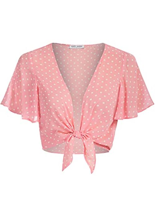 Kate Kasin Women Short Sleeve Sheer Chiffon Shrug Tie Front Bolero Cardigan