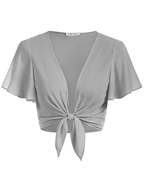 Kate Kasin Women Short Sleeve Sheer Chiffon Shrug Tie Front Bolero Cardigan