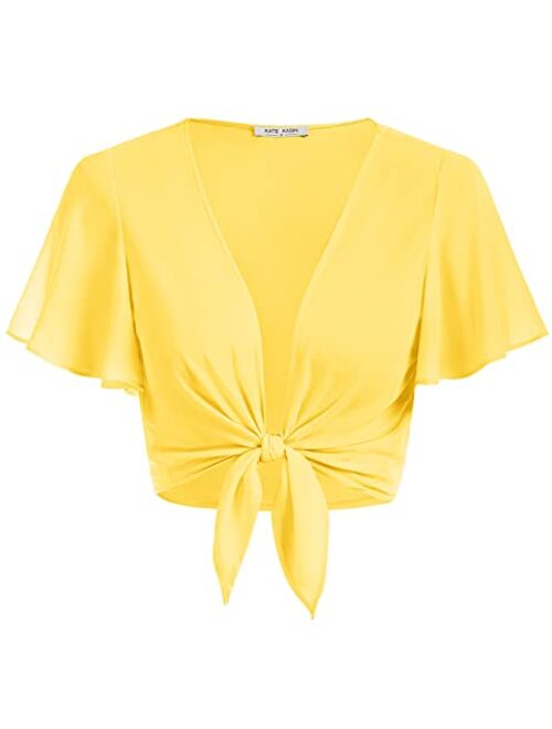 Kate Kasin Women Short Sleeve Sheer Chiffon Shrug Tie Front Bolero Cardigan