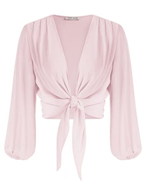 Kate Kasin Women Short Sleeve Sheer Chiffon Shrug Tie Front Bolero Cardigan