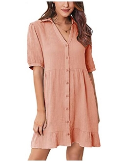 Women's Summer Mini Dress Casual Sleeveless Ruffled Sleeve V Neck Loose Swing A Line Flowy Beach Badydoll Dress