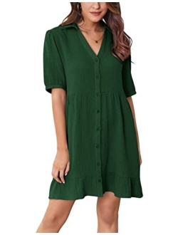 Women's Summer Mini Dress Casual Sleeveless Ruffled Sleeve V Neck Loose Swing A Line Flowy Beach Badydoll Dress