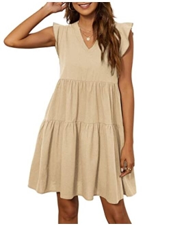 Women's Summer Mini Dress Casual Sleeveless Ruffled Sleeve V Neck Loose Swing A Line Flowy Beach Badydoll Dress