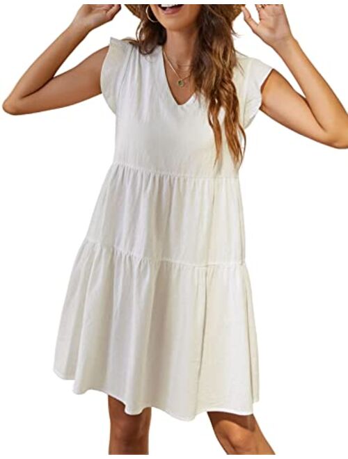 Kate Kasin Women's Summer Mini Dress Casual Sleeveless Ruffled Sleeve V Neck Loose Swing A Line Flowy Beach Badydoll Dress