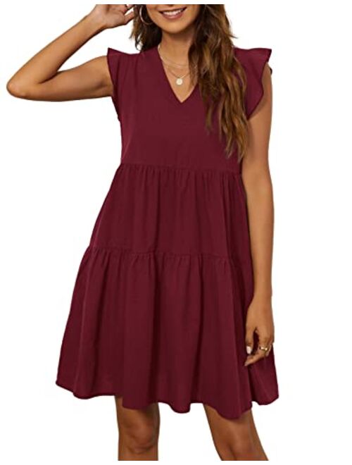 Kate Kasin Women's Summer Mini Dress Casual Sleeveless Ruffled Sleeve V Neck Loose Swing A Line Flowy Beach Badydoll Dress