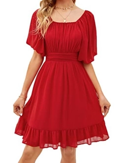 Women's Off Shoulder Dress Lantern Sleeve Tie Back Casual Summer A Line Ruffled Short Mini Dresses