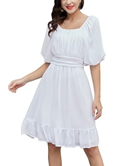 Women's Off Shoulder Dress Lantern Sleeve Tie Back Casual Summer A Line Ruffled Short Mini Dresses