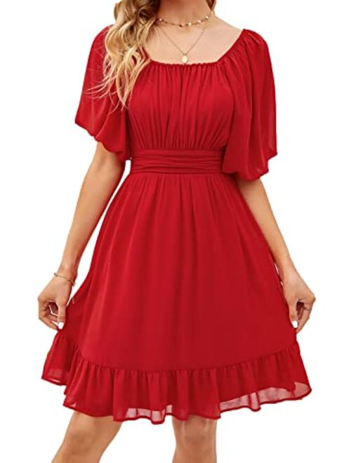 Kate Kasin Women's Off Shoulder Dress Lantern Sleeve Tie Back Casual Summer A Line Ruffled Short Mini Dresses