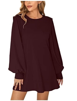 Women's Short Puff Sleeve Chiffon Tunic Dress Crew Neck Tie Waist Flowy Mini Chiffon Dress