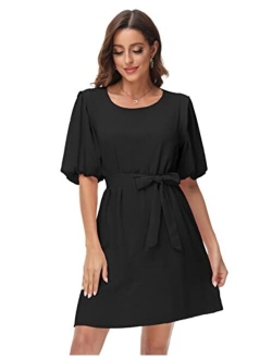 Women's Short Puff Sleeve Chiffon Tunic Dress Crew Neck Tie Waist Flowy Mini Chiffon Dress