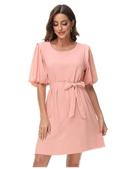 Women's Short Puff Sleeve Chiffon Tunic Dress Crew Neck Tie Waist Flowy Mini Chiffon Dress