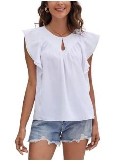 Women Ruffle Cap Sleeve Blouse Button Keyhole Front Round Neck Pleated Tops Loose Fit Shirts