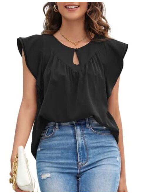 Kate Kasin Women Ruffle Cap Sleeve Blouse Button Keyhole Front Round Neck Pleated Tops Loose Fit Shirts