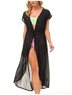 Women Swimwear Cover Up Sexy Chiffon Tie Front See Through Kimono Cardigan Beachwear Coverups