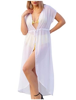 Women Swimwear Cover Up Sexy Chiffon Tie Front See Through Kimono Cardigan Beachwear Coverups