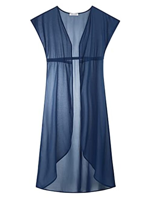 Kate Kasin Women Swimwear Cover Up Sexy Chiffon Tie Front See Through Kimono Cardigan Beachwear Coverups