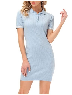 Women's Polo Neck Short Sleeves Knit Ribbed Bodycon Midi Sweater Dress