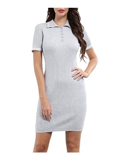 Women's Polo Neck Short Sleeves Knit Ribbed Bodycon Midi Sweater Dress