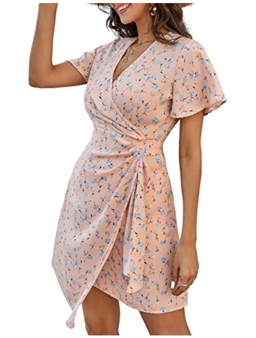 Kate Kasin Women Wrap V Neck Floral Print Mini Dress Ruffle Short Sleeve Irregular Hem Tie Waist Ruched Semi Formal Dresses