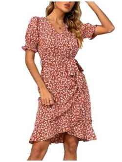 Women V-Neck Floral Dress Puffed Short Sleeve Ruffled Hem A-Line Beach Dresses with Belt